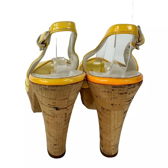 Gucci Auth 4.5 US 34.5 EU Yellow Patent Leather Peeptoe Cork Heels Shoes Runway - Picture 11 of 13